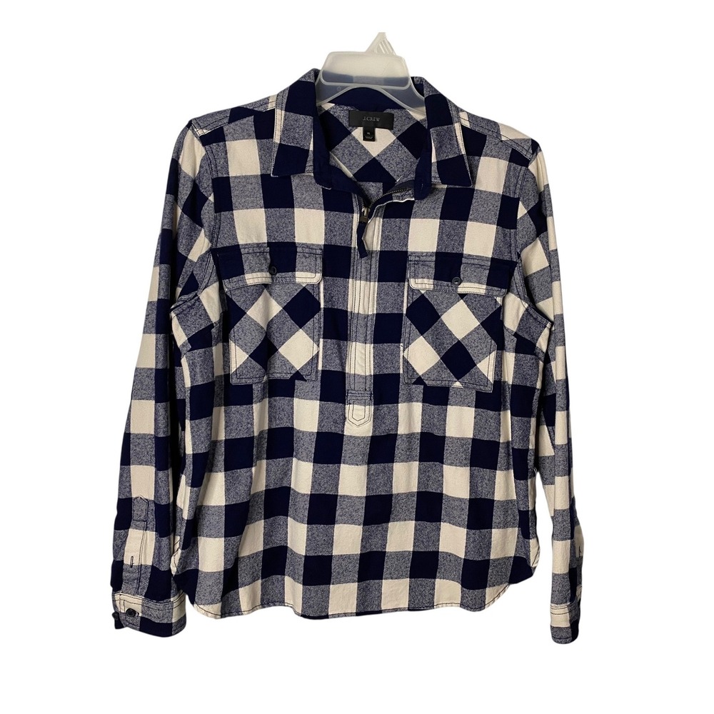 J. Crew Womens XL Blue White Buffalo Plaid Wool 1/4 Zip Flannel Shirt Jacket
